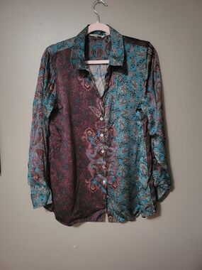 Soft Surroundings Paisley Button-Down Blouse in Teal & Burgundy Large Silk